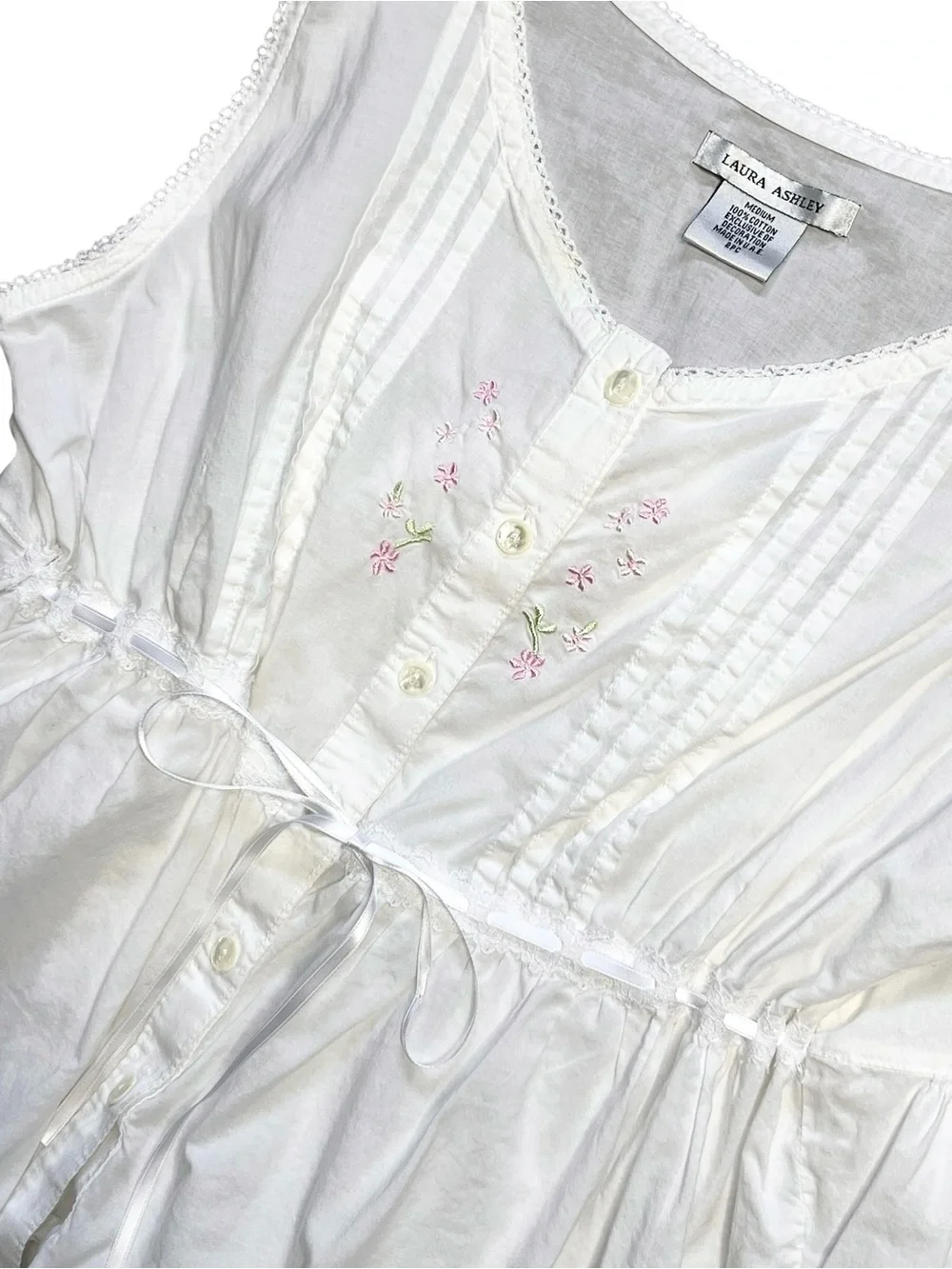 Laura Ashley Vintage White Floral Embroidered Sleeveless Cotton 2Pc Pajama Set M